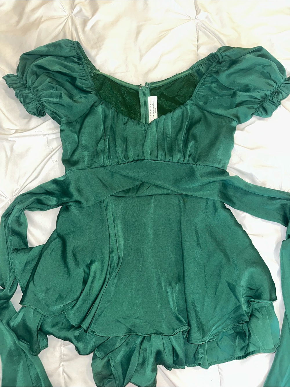 American Threads Emerald Green Satin Puff Sleeve Ruffle Romper M